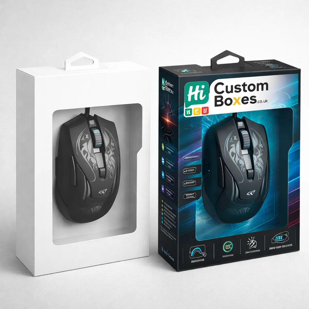 Two hanging retail boxes with transparent windows showing a gaming mouse, one white and one branded. class=